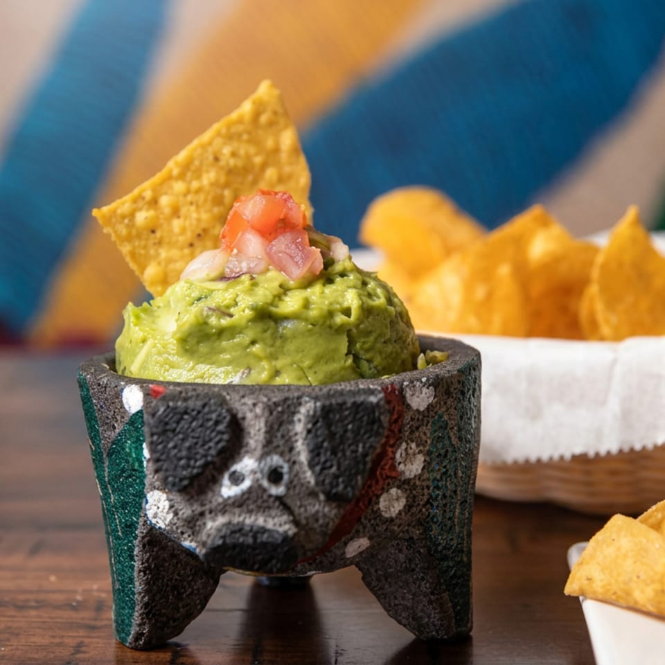 Guacamole topped with diced tomatoes in a decorative ceramic bowl, surrounded by tortilla chips on a wooden table.
