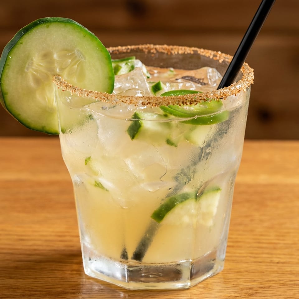 Cucumber lime cocktail with ice, mint, chili-salt rim, cucumber garnish, and black straw on a wooden bar.